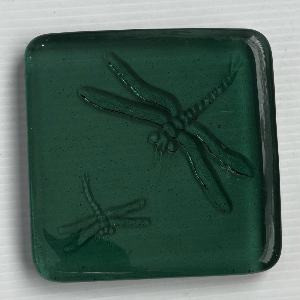 Dragonfly Glass Block Paperweight Tile 5.5" Square .75" Thick Aqua Green - Picture 3 of 6